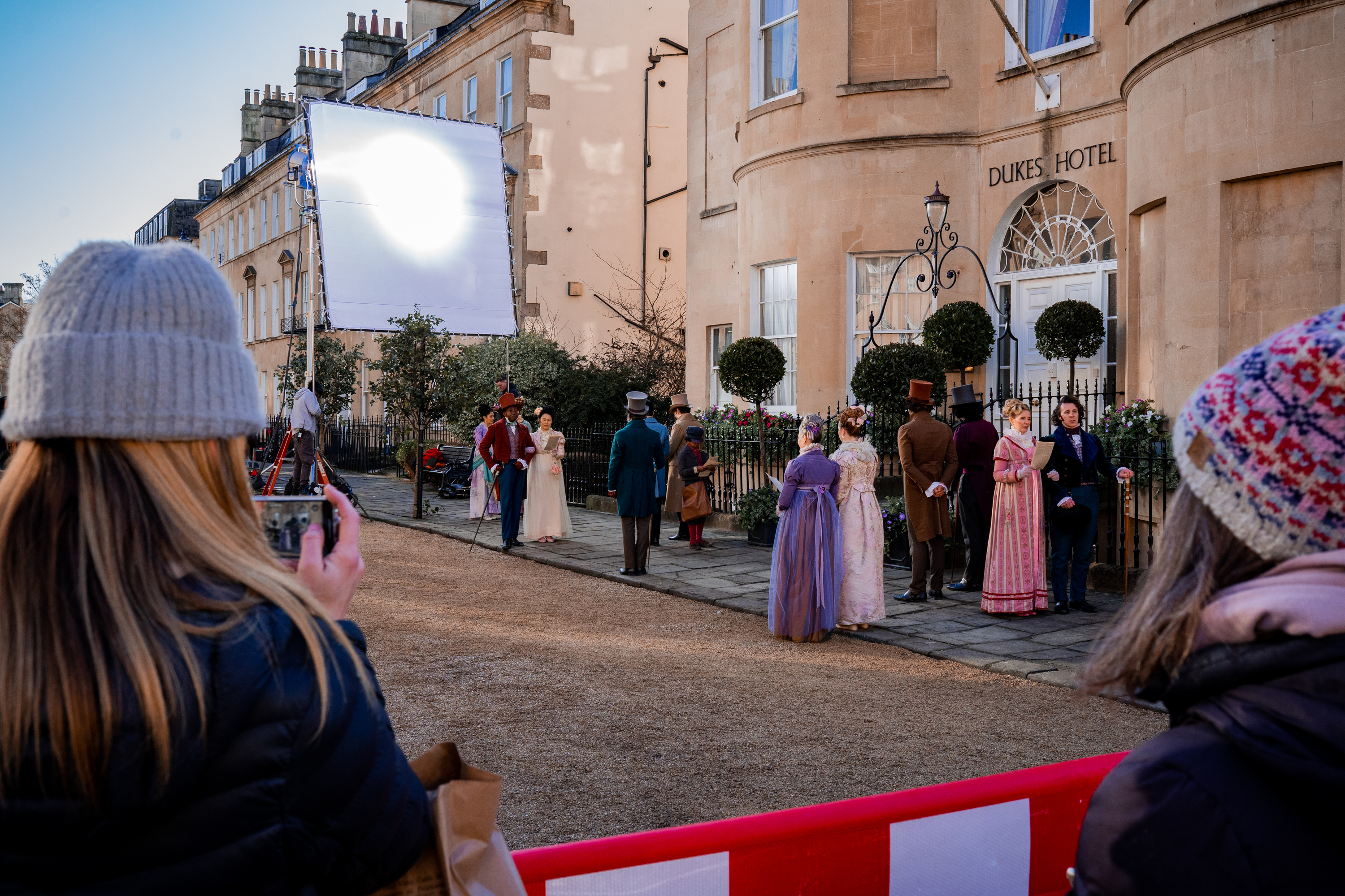 Dukes Hotel exterior during filming, Jamie Bellinger